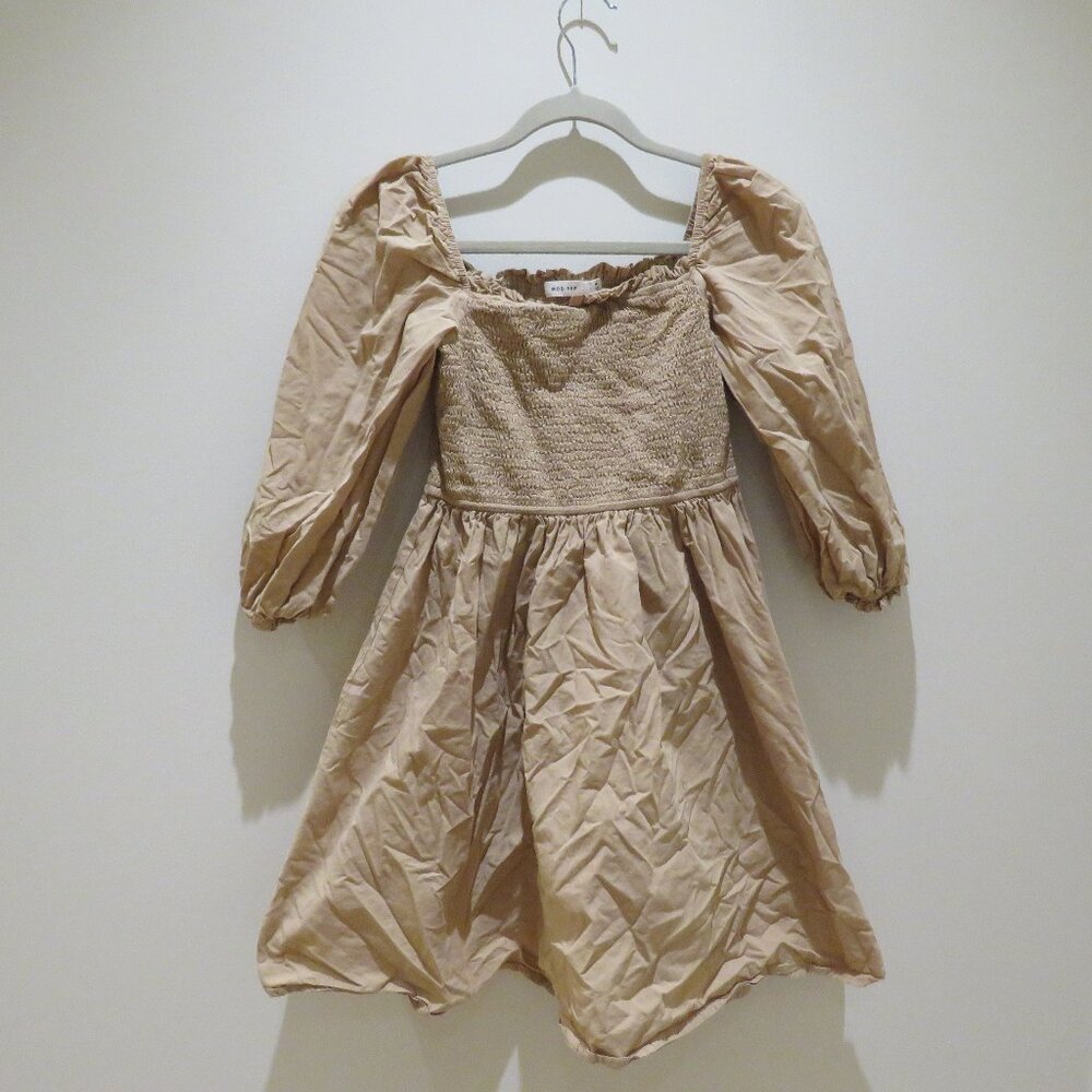 MOD REF Smocked Prairie Dress in Tan Beige Minimalist Trad Wife Cottagecore - Picture 2 of 12